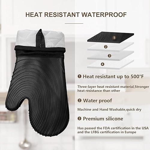 Miniatura 6 de 5 guantes de horno y soportes para ollas, guantes de horno de silicona resistentes al calor de 500 F, impermeables, antideslizantes, fáciles de