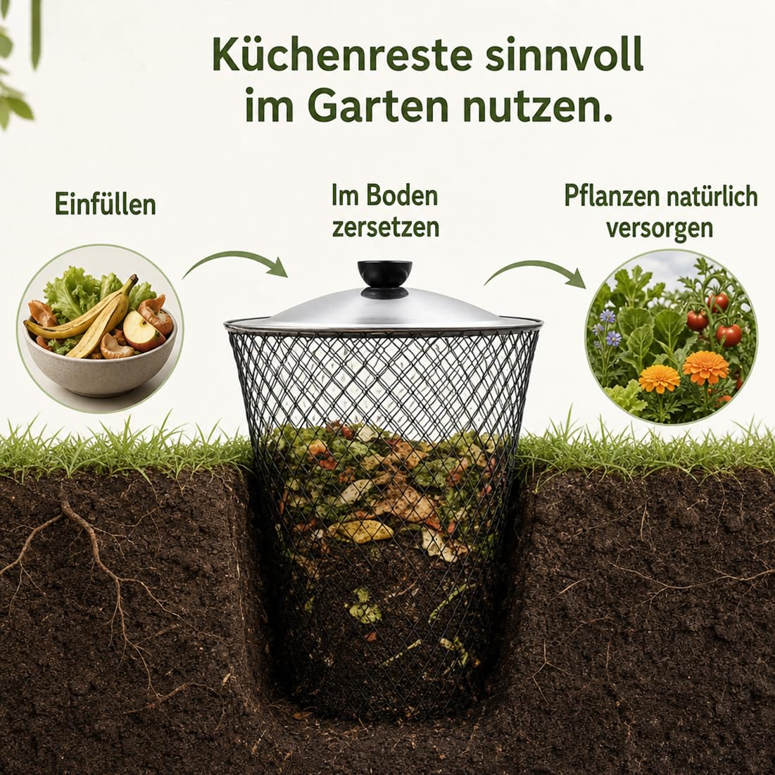 10L Unterirdisch Wurmkomposter Metall mit Deckel,4/6/8 Stück Küchen&Gartenabfälle Beetkomposter aus Metallgitterkörbe für Hochbeet, Garten, Hof und Außenbereich,Silber,4 Set