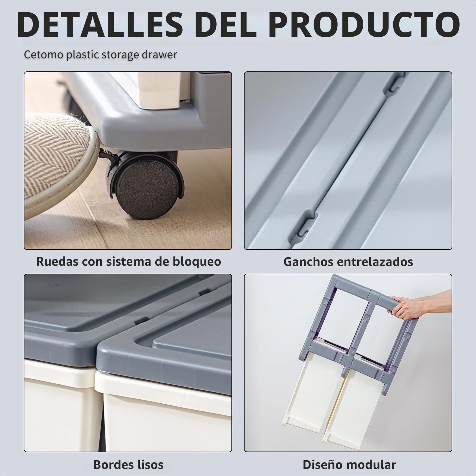 Cetomo Cajón de Plástico, Cajones de Almacenamiento con Ruedas de Bloqueo, Organizador para Oficina, Armario, Dormitorio y Cuarto de Estudiantes, Desmontable, Torre, Gris y Blanco (4 Cajones)