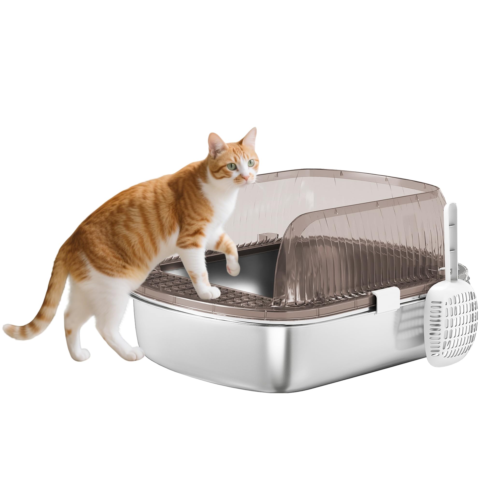 PawHut Arenero para Gatos Cubierto Extragrande Caja de Arena Cerrado con Bandeja de Acero Inoxidable Bordes Altos Pala y Zona para Caída de Arena sin Olor Fácil Limpieza Gris