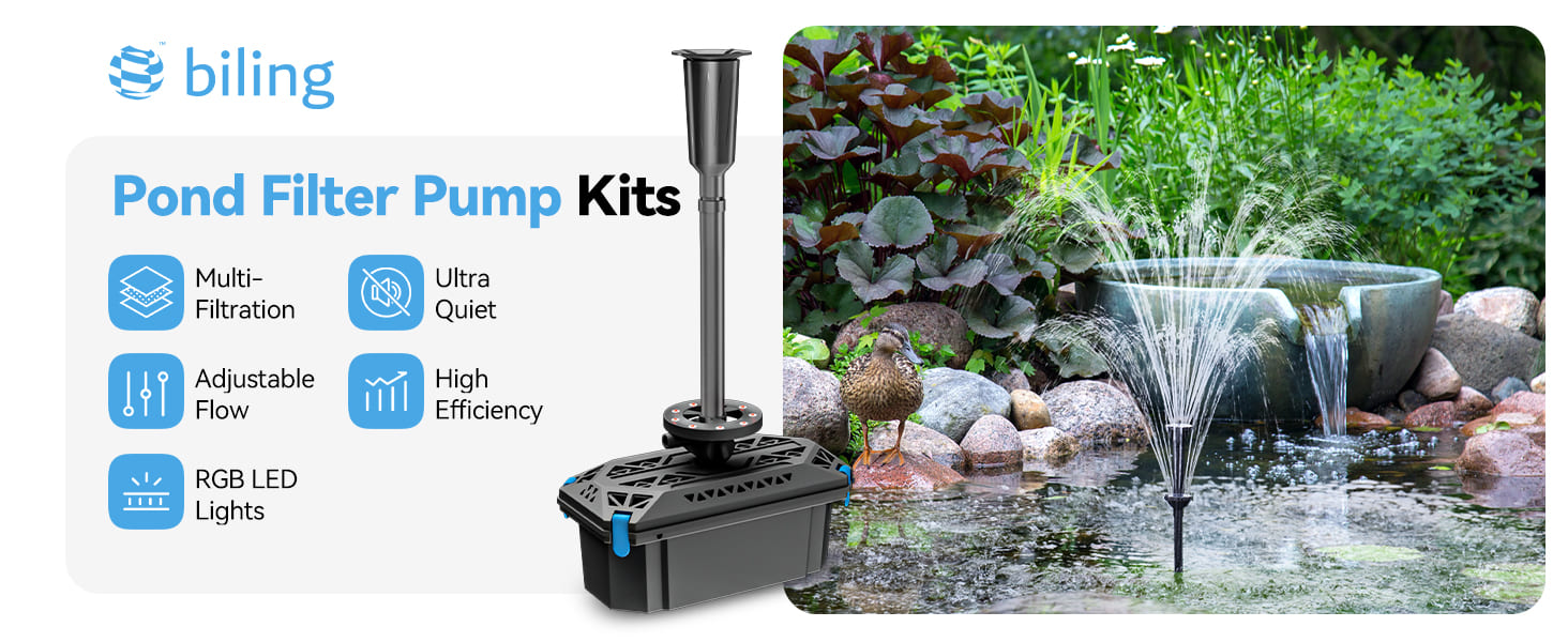 Pompe Filtration Bassin Tout-en-Un Biling 2500 L/h 40W – Eau Claire, Fontaine DIY, Idéal Jusqu'à 4000 L !