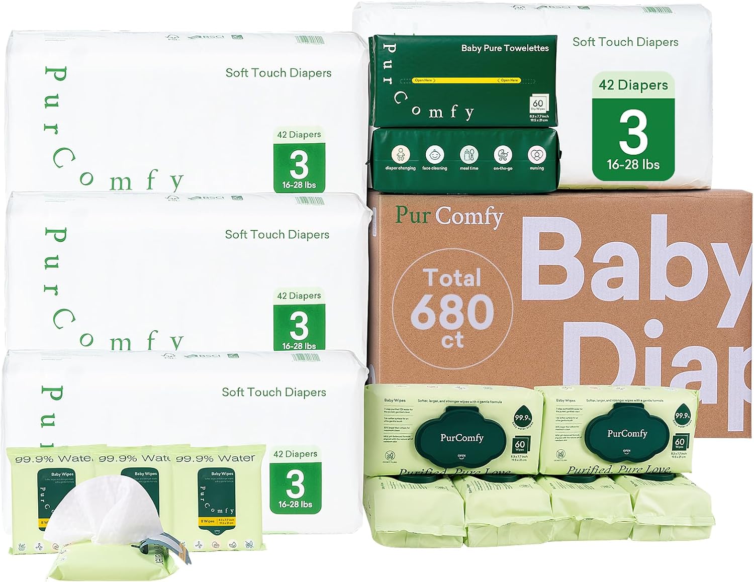 PurComfy Baby Diapers Essential Kit, 4 Pack Size 3 Diapers (168 Ct), 6 Pack (360Ct) Baby Wipes and 2 Pack (120Ct) Dry Wipes, All in One Newborn Essentials Kit and Baby Gift for Sensitive Skin