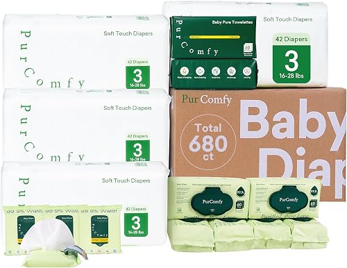 PurComfy Baby Diapers and Wipes Kit, Size 3, Baby Wipes, Baby Dry Wipes | Includes Size 3 (168Ct), 6 Pack (360Ct) Baby Wipes, 2 Pack (120Ct) Dry Wipes, 4 Pack Tavel Wipe, Total 680 Ct, Plant Based