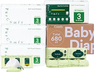 PurComfy Baby Diapers Essential Kit, 4 Pack Size 3 Diapers (168 Ct), 6 Pack (360Ct) Baby Wipes and 2 Pack (120Ct) Dry Wipes, All in One Newborn Essentials Kit and Baby Gift for Sensitive Skin