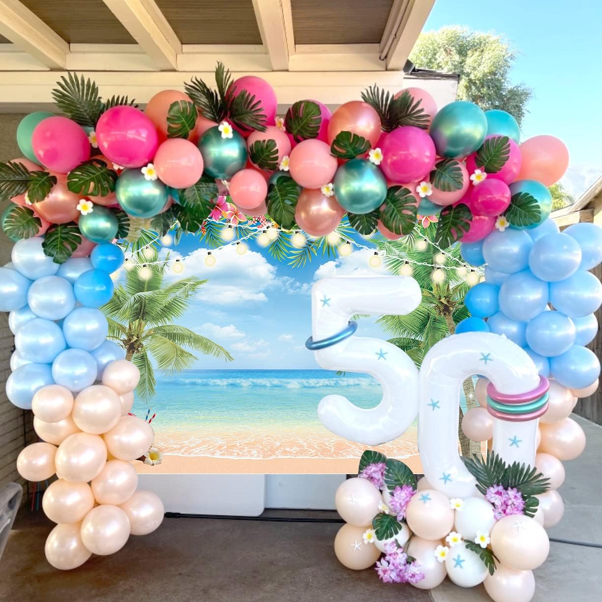 Hawaiian Beach Backdrop Summer Tropical Flower Palm Ocean Beach Photography Background for Hawaiian Aloha Party Luau Photoshoot Tiki Themed Decoration 7x5FT