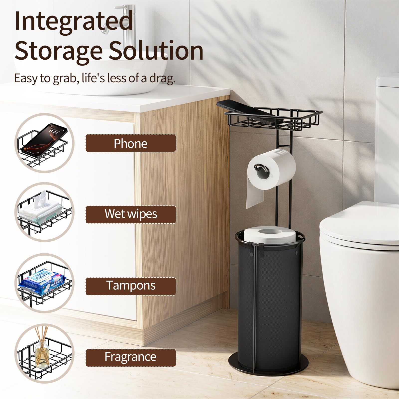 Lewondr Free Standing Toilet Paper Holder with Shelf, Black — Amazon image 2