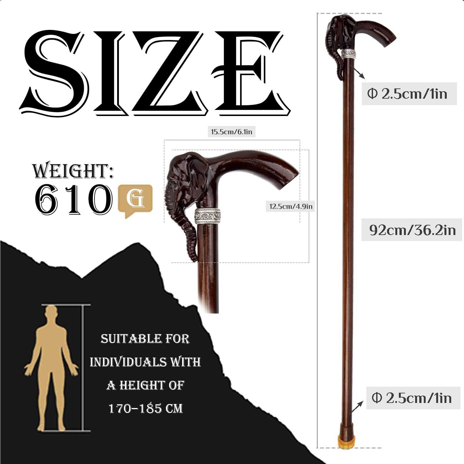 Bastón de Madera con Empuñadura en Forma de Cabeza de Elefante, Bastón Artesanal de Madera Maciza para Hombre y Mujer, Bastón de Movilidad Ligero y Resistente