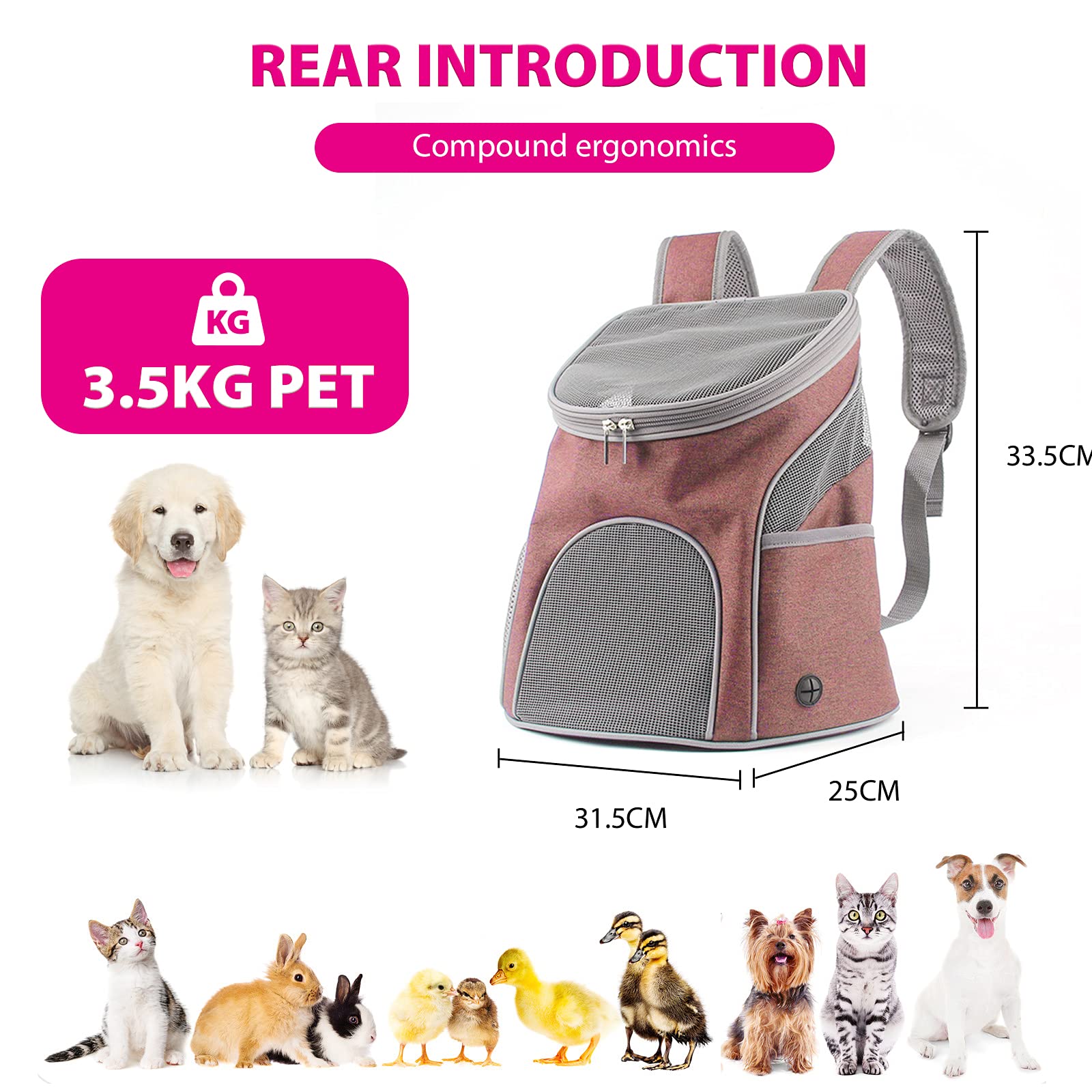 PETCUTE Zaino per Cani Gatto,Traspirante Zaino Trasportino per Cani con Tappetino Staccabile,Zaino per Animali Domestici con Tracolla Regolabile per Viaggio Campeggio,Fino a 4kg