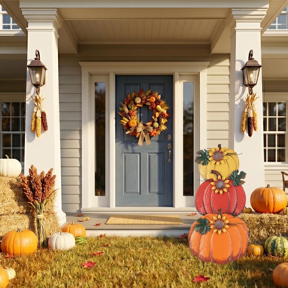 PHITRIC Fall Decorations for Home Outdoor, Decorative Garden Stakes with 3 Pumpkins for Fall Decor, Metal Yard Signs for Outside Garden Yard Lawn Porch Lawn Thanksgiving Decorations