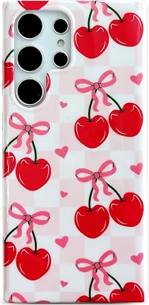 Qokey Love Cherry Phone Cover for Galaxy S23 Ultra, Glossy Pink Checkered