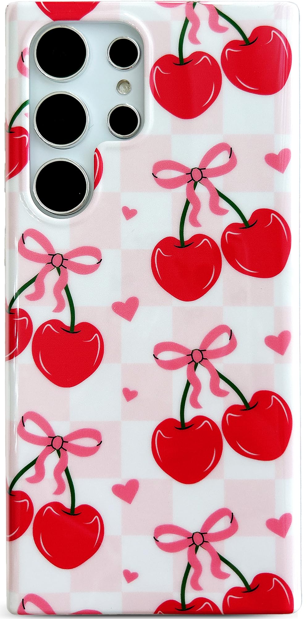 Qokey Slim Shockproof TPU Phone Case for Galaxy S22 Ultra 5G 6.8 Inches- Pink Checkered Pattern with Cherry Fruit & Ribbon Design, Soft Flexible