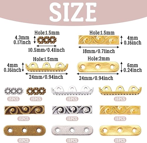 Miniatura 6 de Pandahall - 150 barras espaciadoras rectangulares de 3 agujeros, cuentas de metal, 4 estilos, separador tibetano de múltiples hebras, barra de