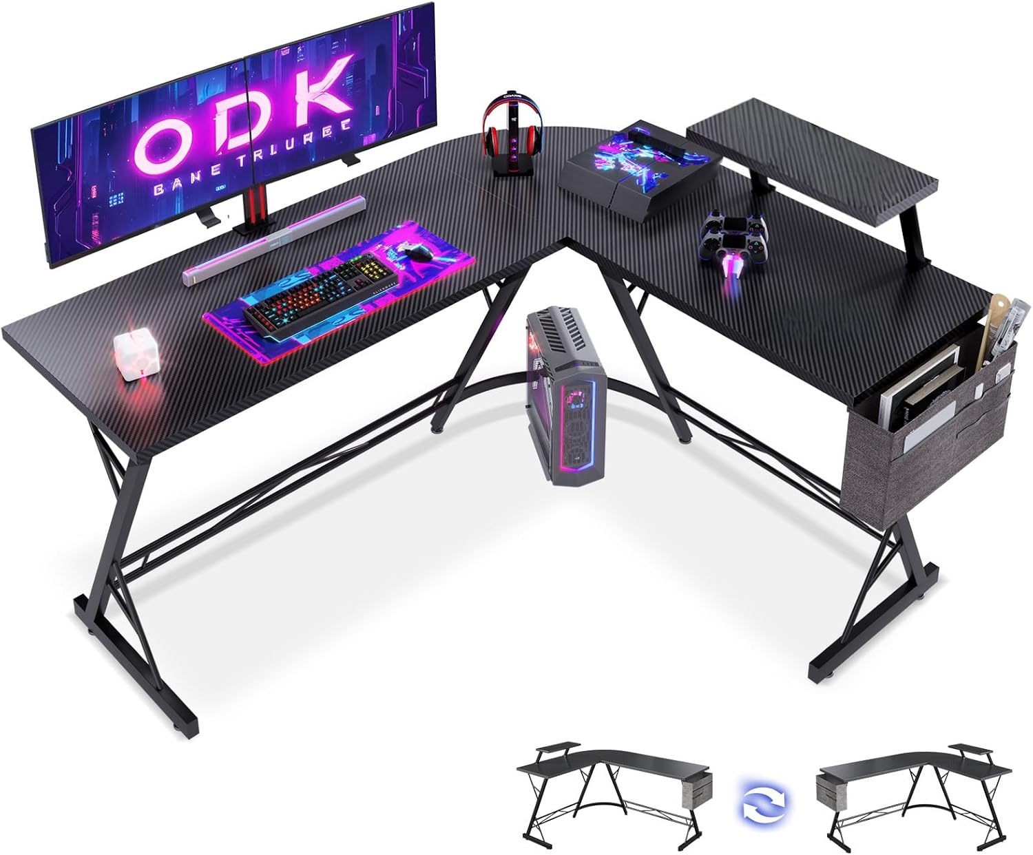 ODK Gaming Tisch, Gaming Schreibtisch Eckschreibtisch für Gamer, Schreibtisch L Form mit Aufsatzrega…