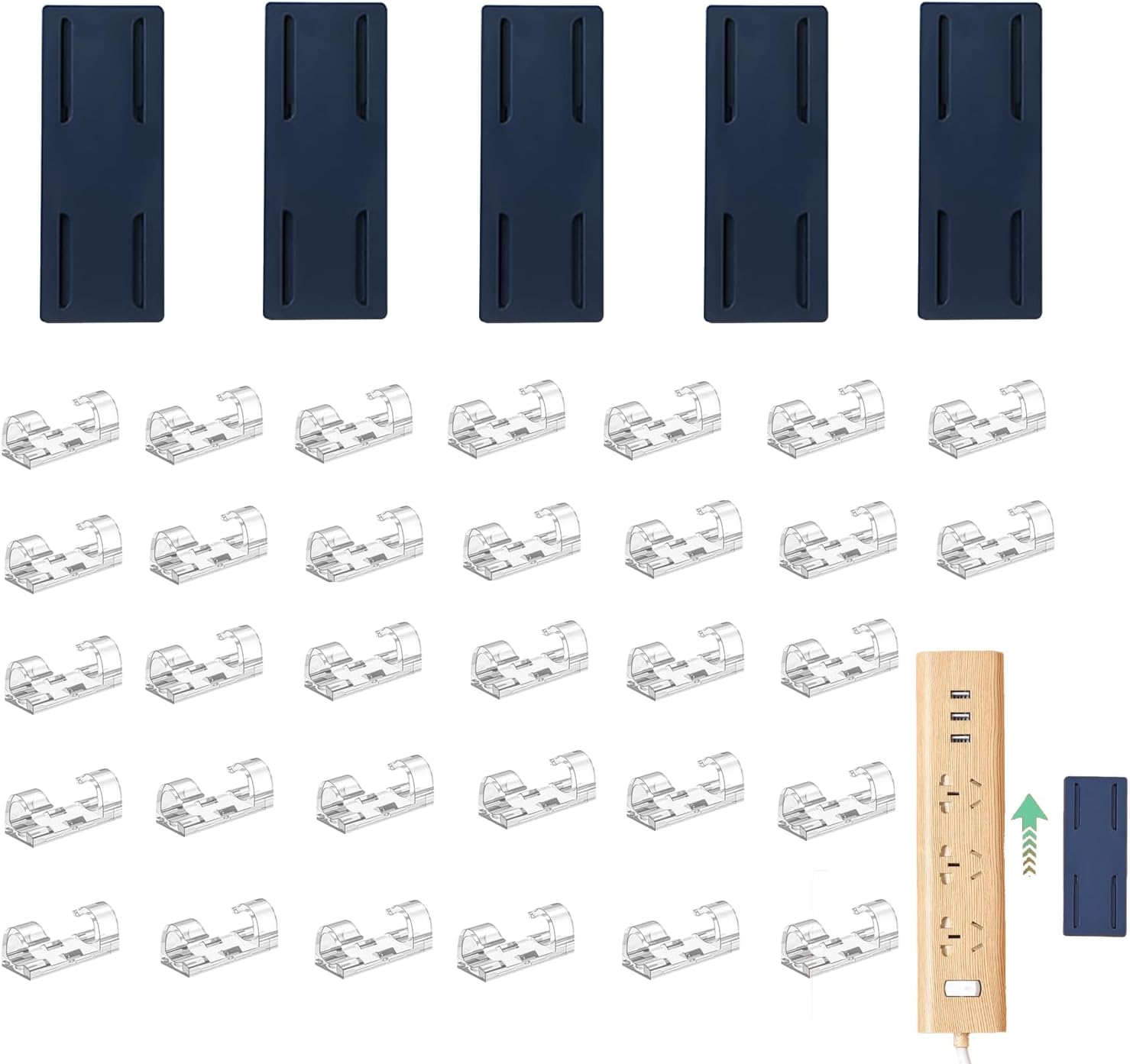 Socket Fixing kit, no-Drill self-Adhesive, 10 Power Strip Brackets （5 Sets） and 60 Cable clamp Kits, Easy to Install, no Additional Tools Required, and widely Applicable. (Navy Blue, Standard)
