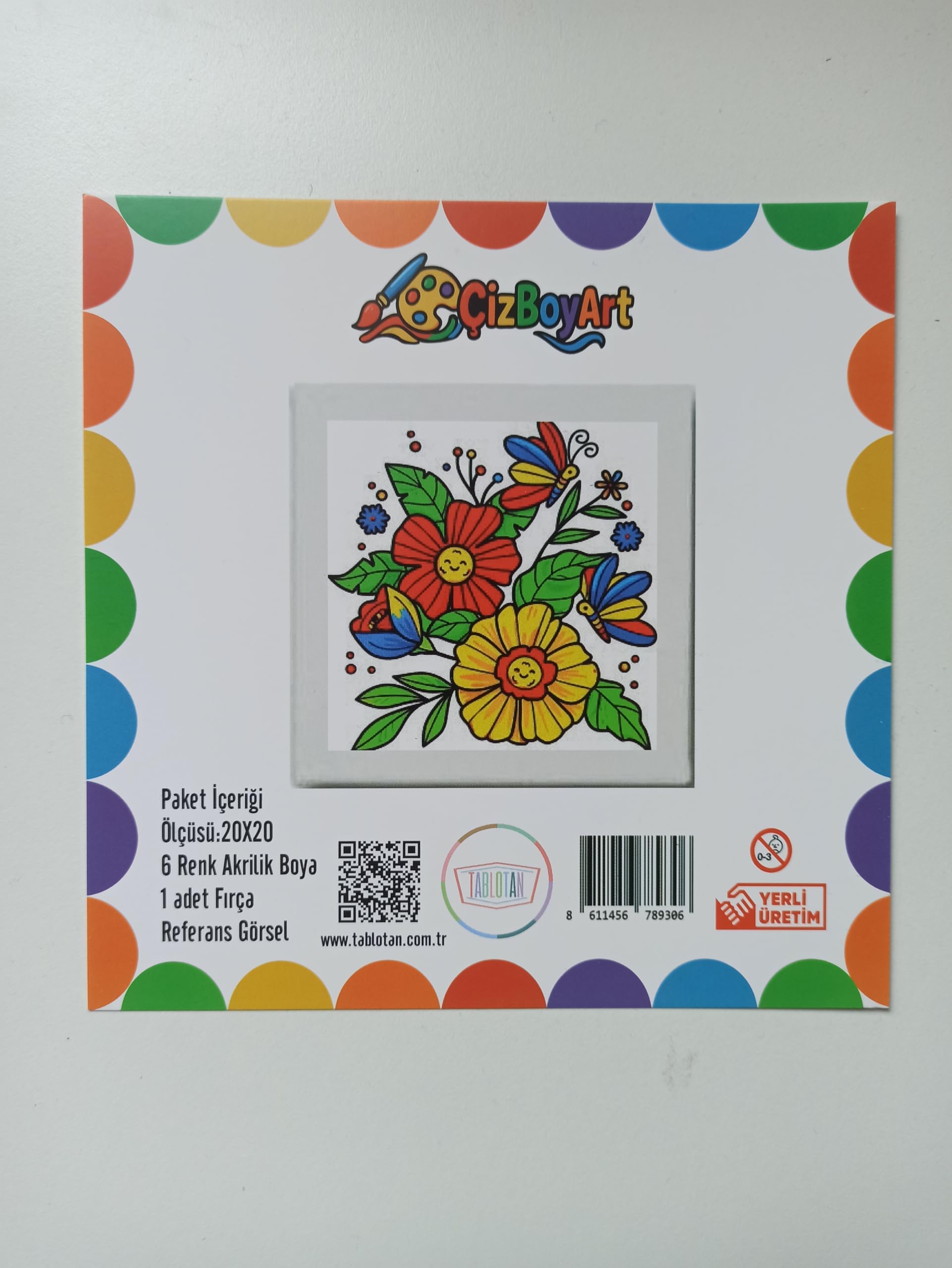 Figürlü Tuval Boyama Seti 20x20 cm – 1 Adet Fırça, 6 Renk Akrilik Boya ve Referans Görselli Hobi & Kendin Yap Boyama Kiti (1, Çiçek Kelebek)