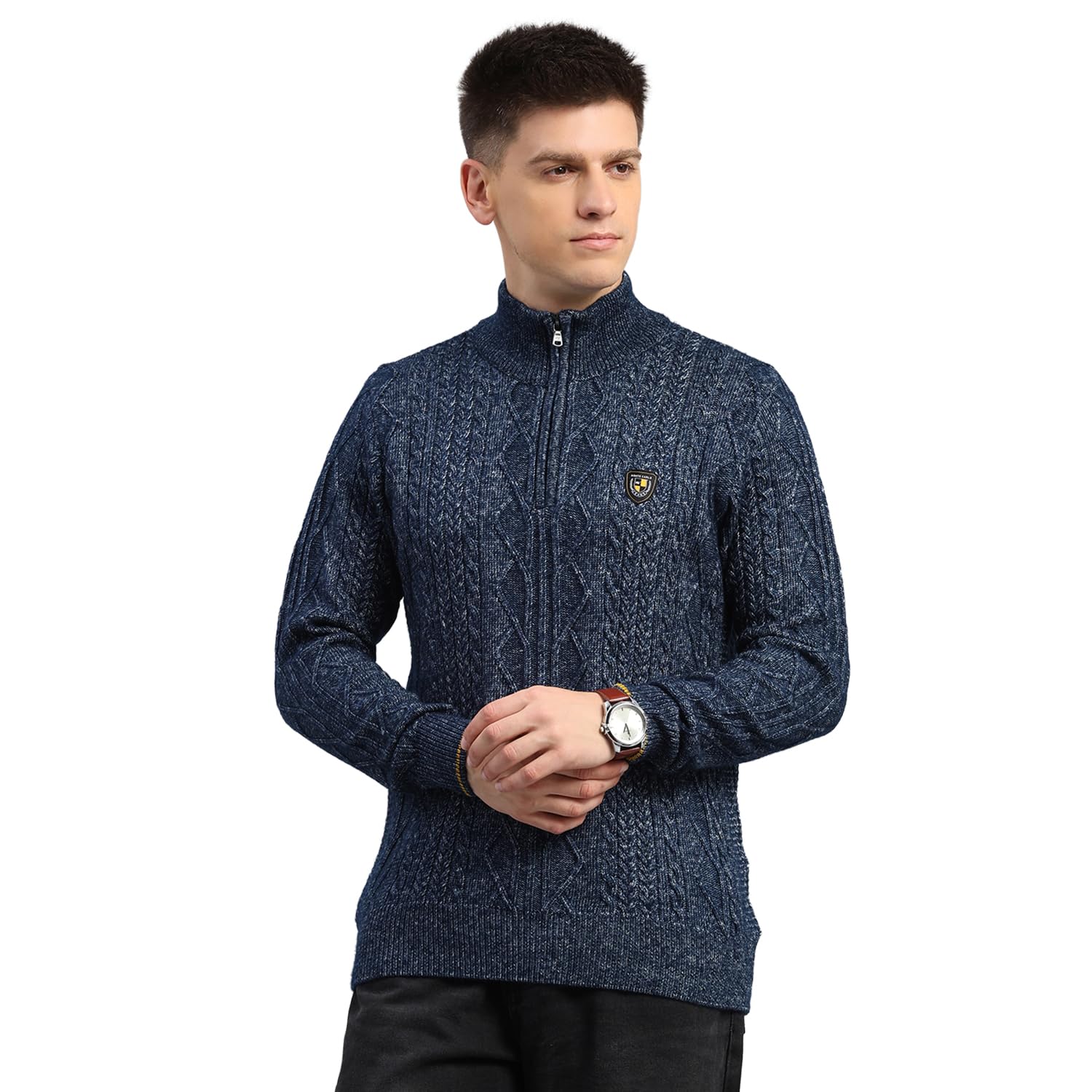 Mens Regular Fit Self Designed Turtle Neck Half Zip Full Sleeve Winter Pullover Warm Woolen Sweater for Men |Comfortable Knitted Winter Wear for Men (Pack of 1)