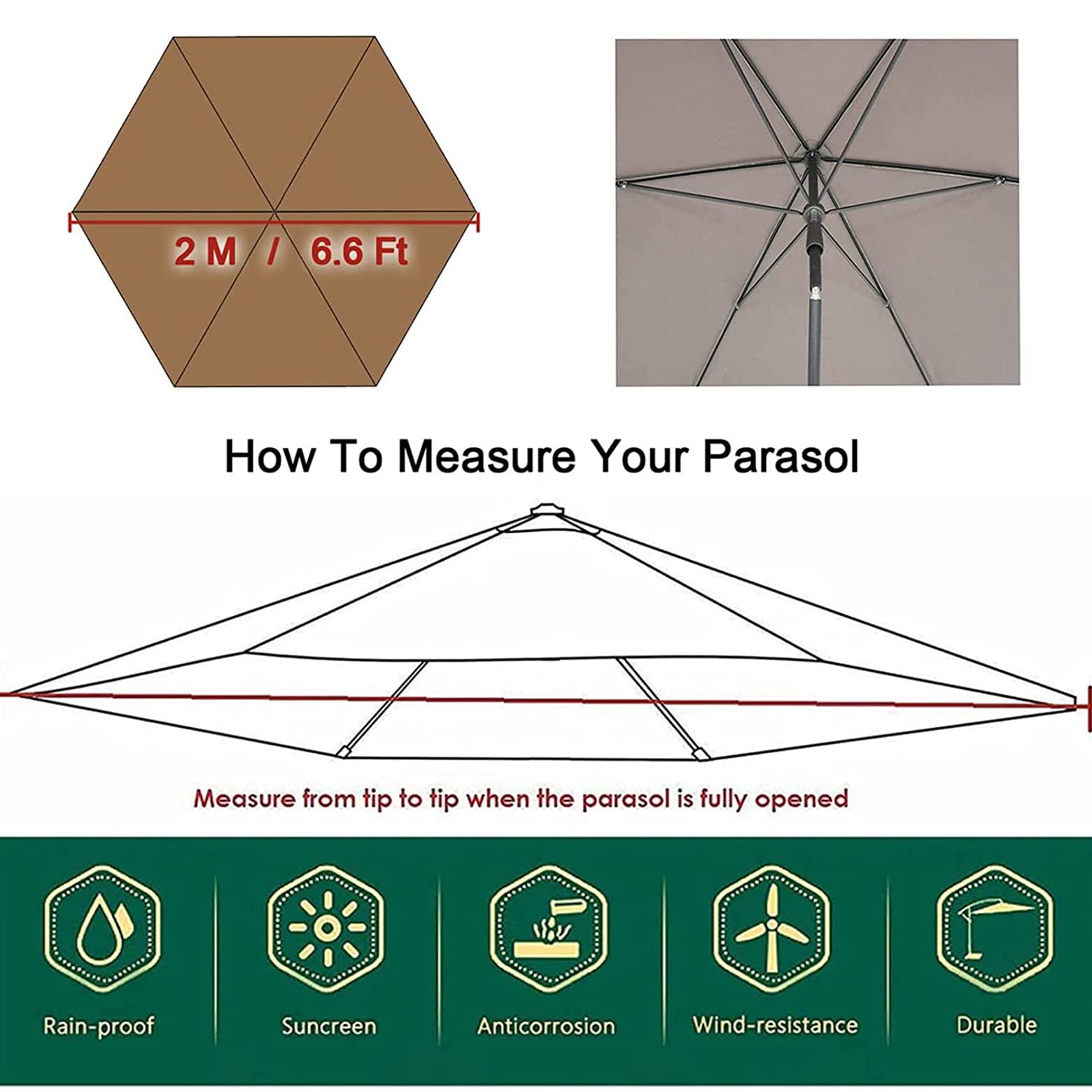 Copertura di ricambio per ombrellone da giardino da 2 m, 2,7 m, 3 m, anti UV, impermeabile, in tessuto, colore cachi, protegge ombrelloni da giardino con 6 bracci di supporto
