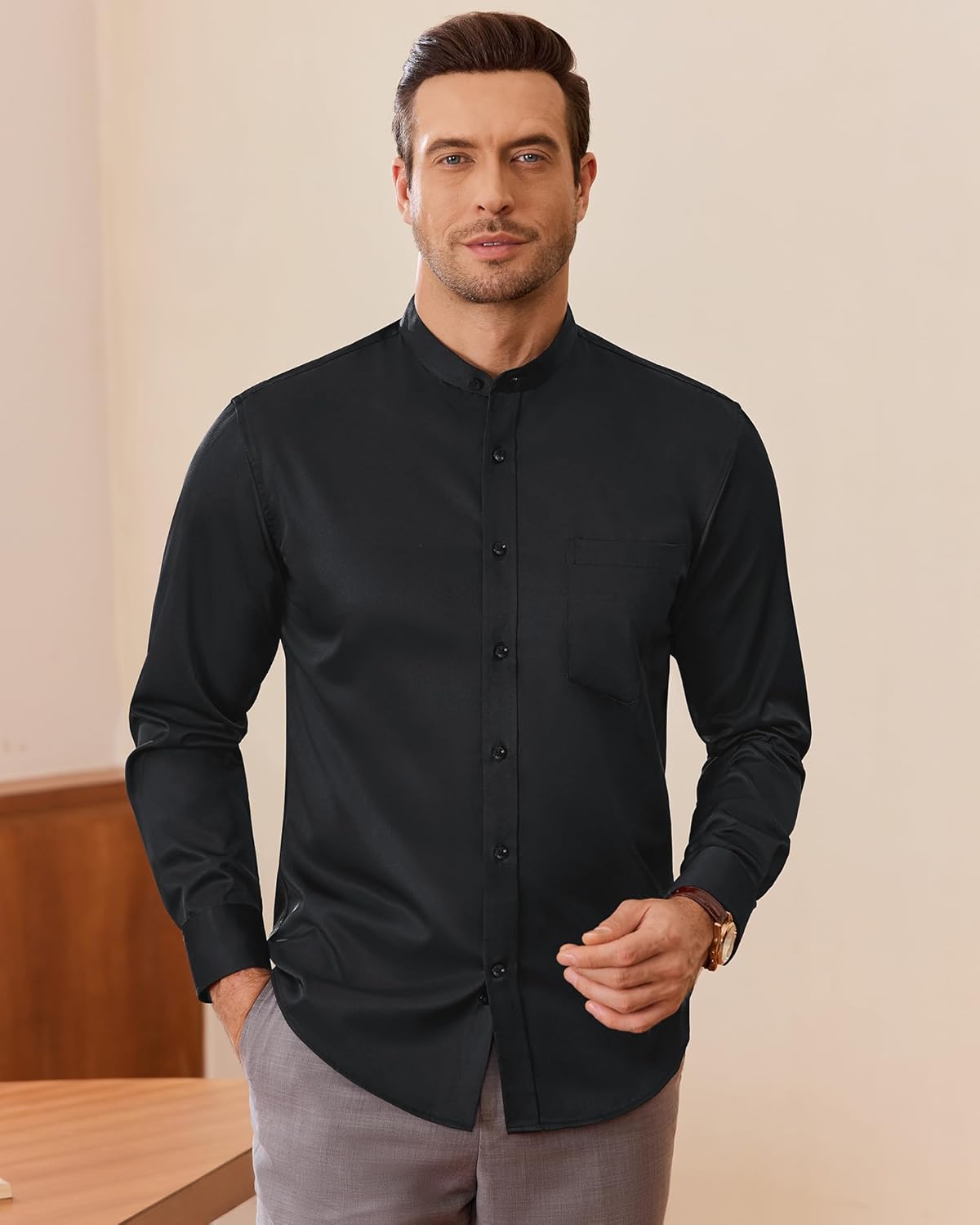 J.VER Men's Banded Collar Dress Shirt Mandarin Long Sleeve Button Down Shirts Stretch Collarless Tops with Pocket - Image 2