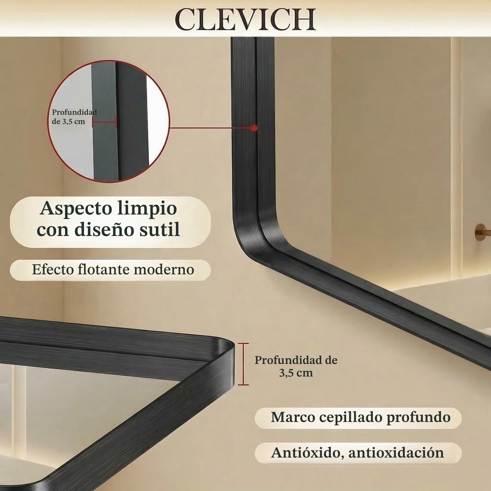 Clevich Espejo de pared rectangular de 90 x 60 cm, vidrio templado irrompible, marco de aluminio negro, espejo para baño/vestidor/sala de estar/decoración de pared