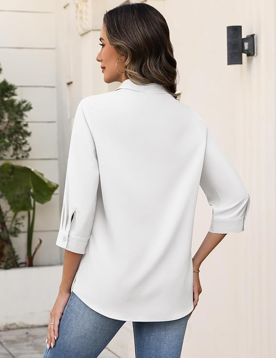Zeagoo Button Down Shirts for Women 3/4 Sleeve Tops V Neck Collared Blouses Business Casual Outfits