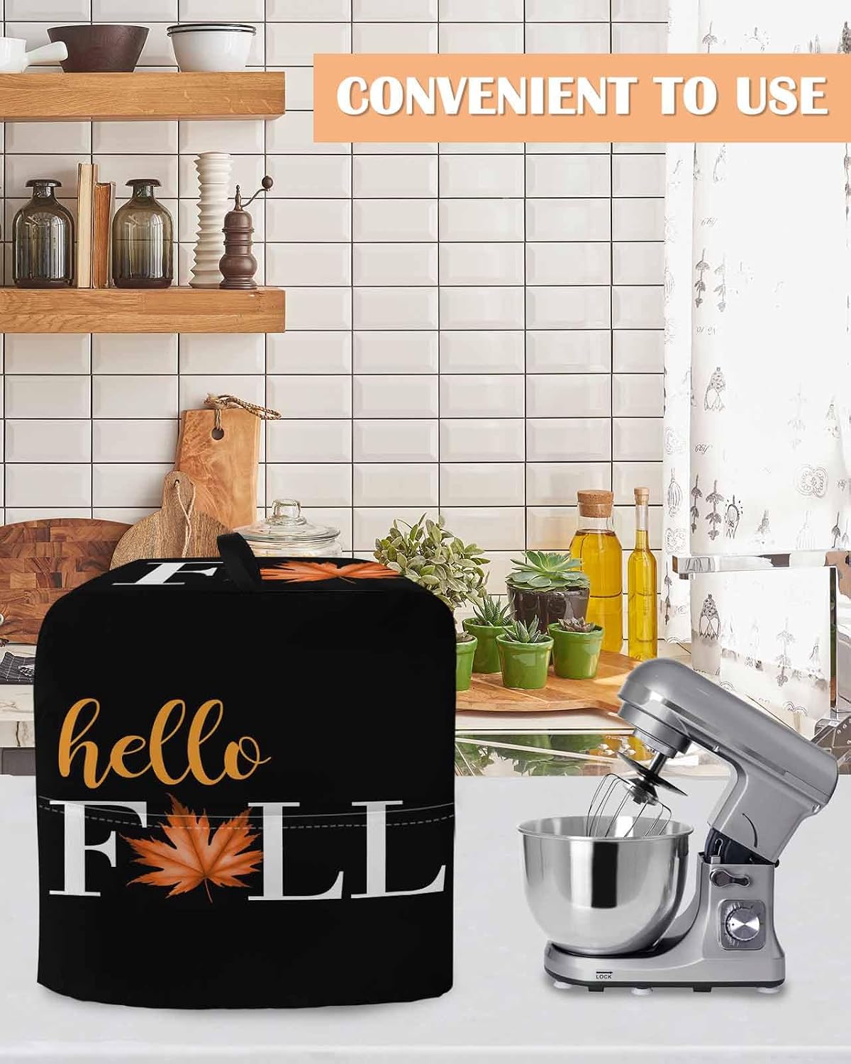 Hello Fall Stand Mixer Cover with Storage Pocket, Waterproof Kitchen Mixer Covers, Thanksgiving Vintage Maple Leaf Autumn Black Kitchen Appliance Dust Cover Compatible with 6-9 Quart Mixers