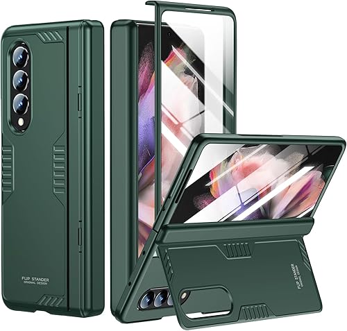 Funda de teléfono para Samsung Galaxy Z-Fold-3 Soporte oculto Carga inalámbrica Funda delgada de protección de bisagra ligera con protector de