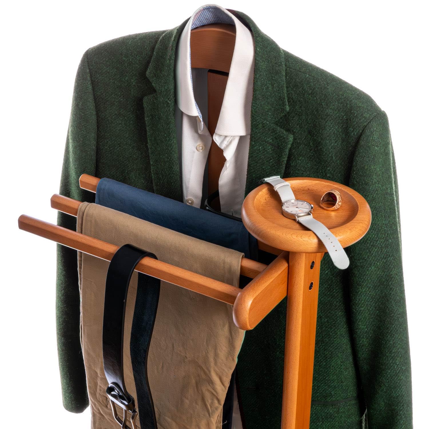 Tatkraft Lord Herrendiener aus Buche mit Rollen und Ablage, Italien | Moderner Herrendiener aus Buchenholz für Anzug, Hemd, Jacke, Krawatte und Hose, Herrendiener Schlafzimmer, Kleiderdiener