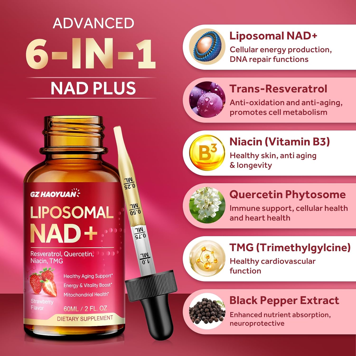 Liposomal NAD Supplement - 1200mg NAD+ Liquid Drops for Women & Men with Nicotinamide, Resveratrol, Quercetin, TMG, Black Pepper Extract - Brain & Cellular Mitochondrial Health, Anti-Aging, Longevity - Image 3