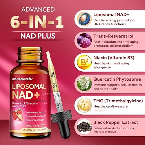 Miniatura 3 de Suplemento liposomal NAD  1200 mg NAD+ gotas líquidas para mujeres y hombres con nicotinamida, resveratrol, quercetina, TMG, extracto de pimienta