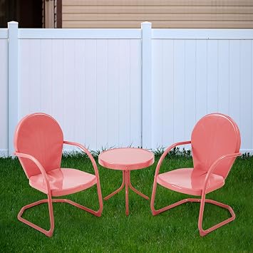 Patio Bistro Set 3 Piece Outdoor, Retro Metal Lawn Chairs, 2 C-Spring Metal Outdoor Chairs and Round Side Table, Grapefruit Red, Onesize, USRICS03