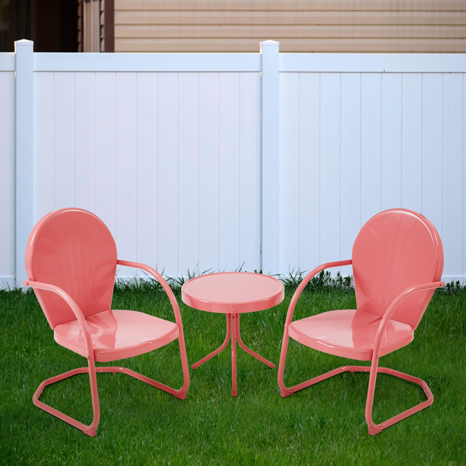 Patio Bistro Set 3 Piece Outdoor, Retro Metal Lawn Chairs, 2 C-Spring Metal Outdoor Chairs and Round Side Table, Grapefruit Red, Onesize, USRICS03