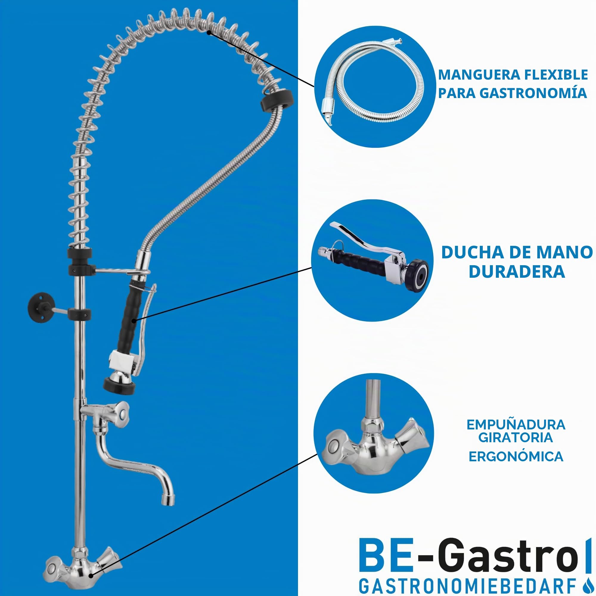 BE-GASTRO I Grifo Industrial Hostelería - Alcachofa de ducha con mango giratorio (incluye grifo, grifo mezclador y mango giratorio ergonómico)