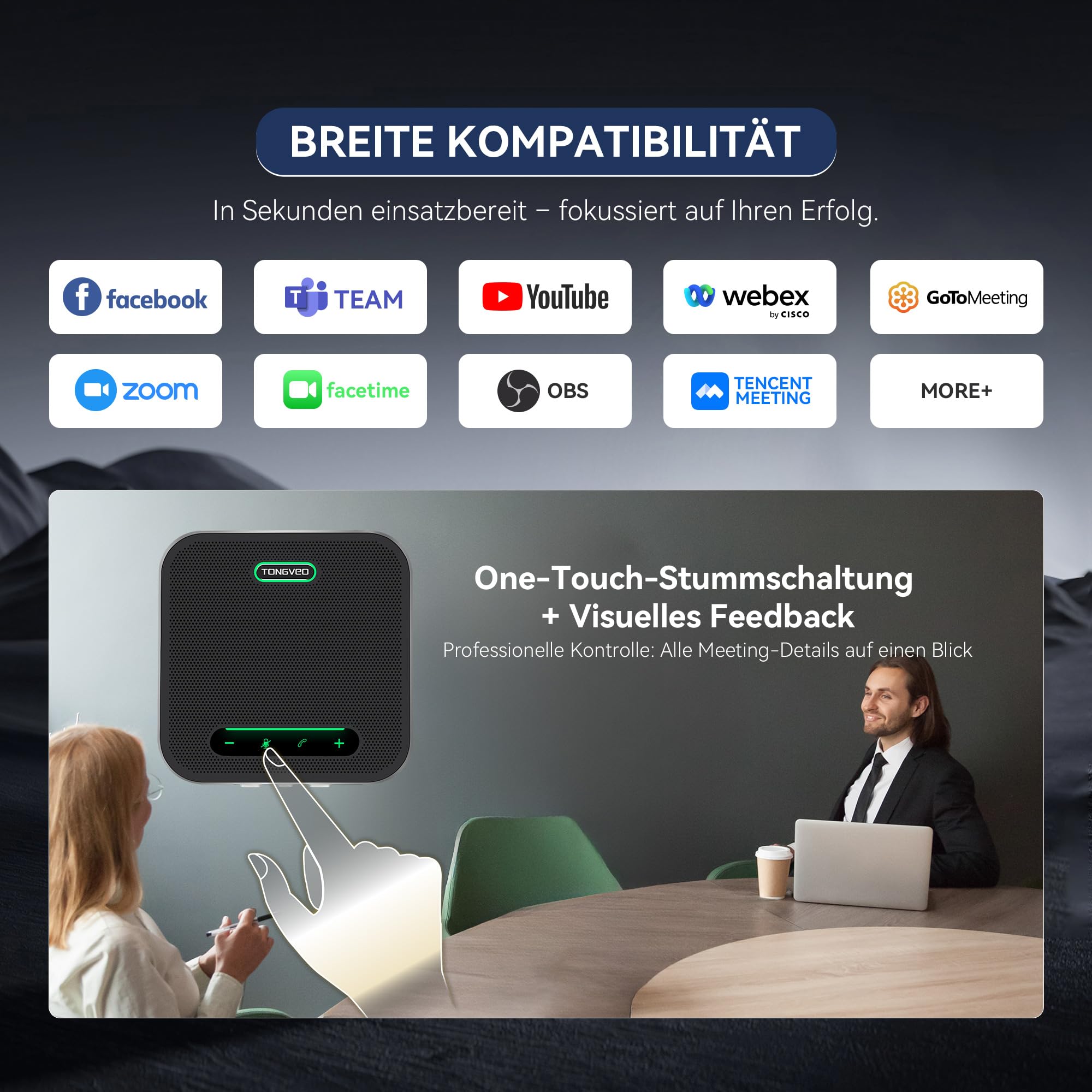 TONGVEO Altavoz de conferencia Bluetooth con micrófono, cancelación de ruido de IA, USB/Wireless Speakerphone para PC, 4 micrófonos, grabación de voz de 360°, 24H para zoom, equipos y oficina en casa