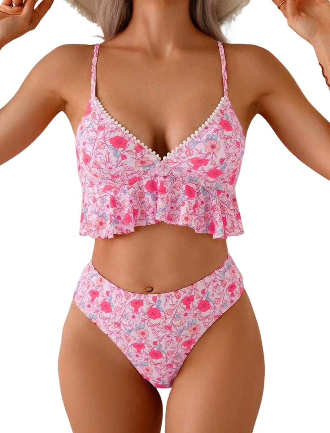ZAFUL Womens High Waisted Bikini Sets Floral Ruffle Trim V Neck Two Piece Swimsuits Bathing Suits