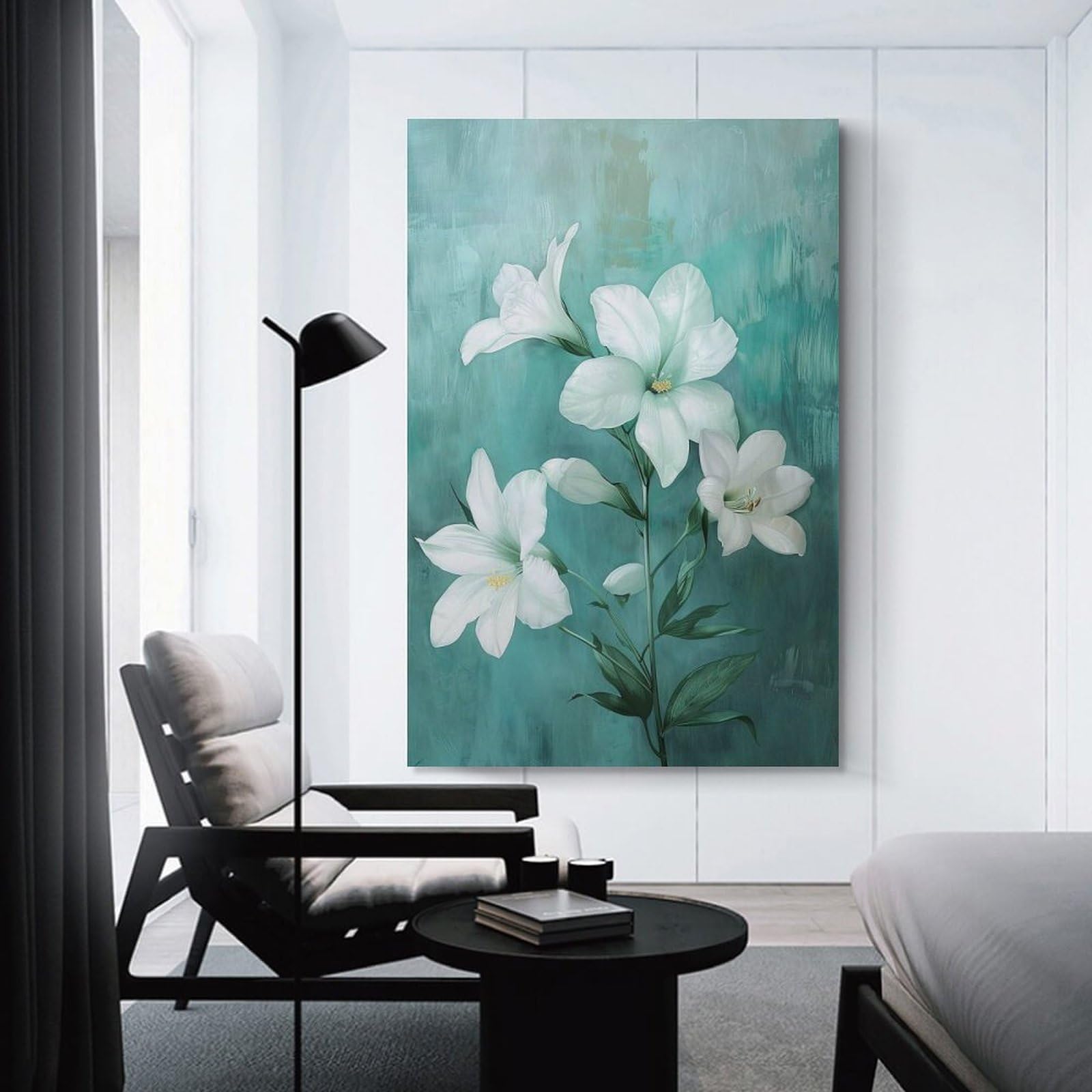 Junmoney Unframe-Style-4 Canvas Wall Decor White Lilies On Teal Background, 08X12inch(20X30cm), For Home Lounge, Bedroom Or Reading Nook, Eye Catching Artwork For Blank Walls