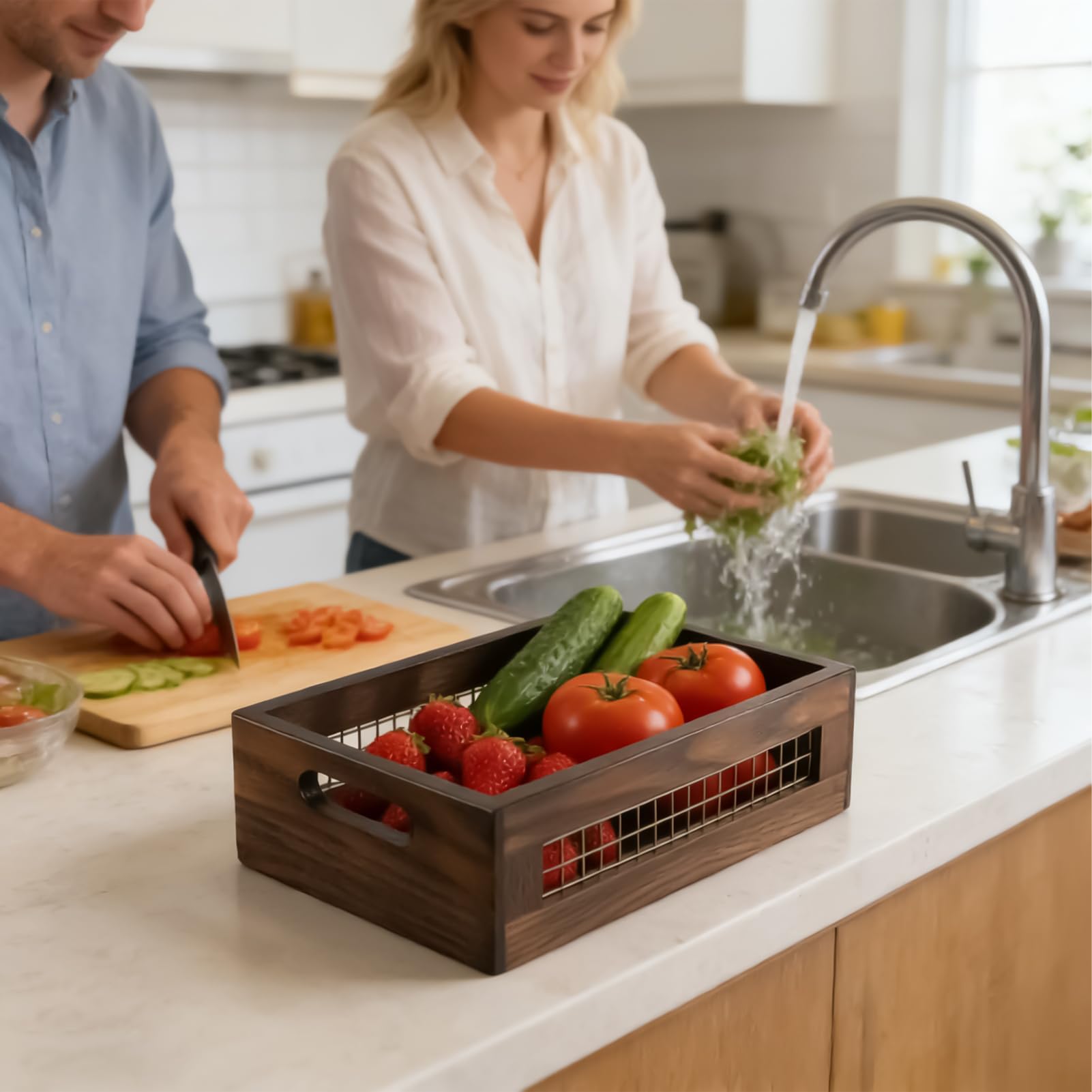 Juego de 2 cestas de almacenamiento de madera rústicas para cocina, baño y pan