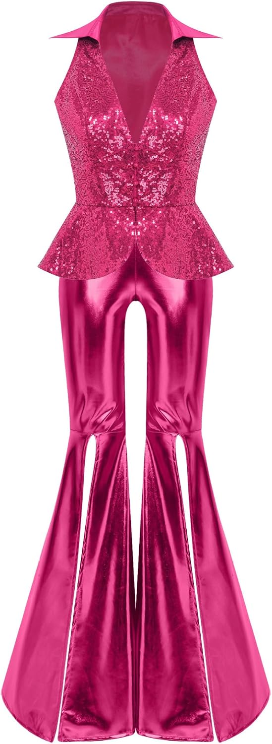 DINORMIN Women Sequin Vest Streetwear Bell Bottom Trousers Shiny Metallic PVC Leather Wet Look Cowgirl Pants for Shows