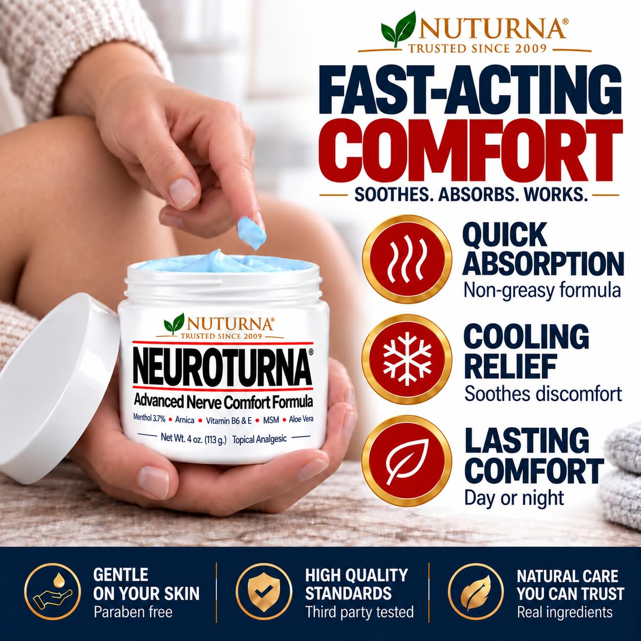 Neuropathy Nerve Cream - Fast Acting Relief Cream For Feet, Hands, Legs & Toes - Ultra Strength Menthol, Arnica, Aloe Vera, MSM - Non-Greasy, Soothing Comfort - 4 oz — Amazon image 3
