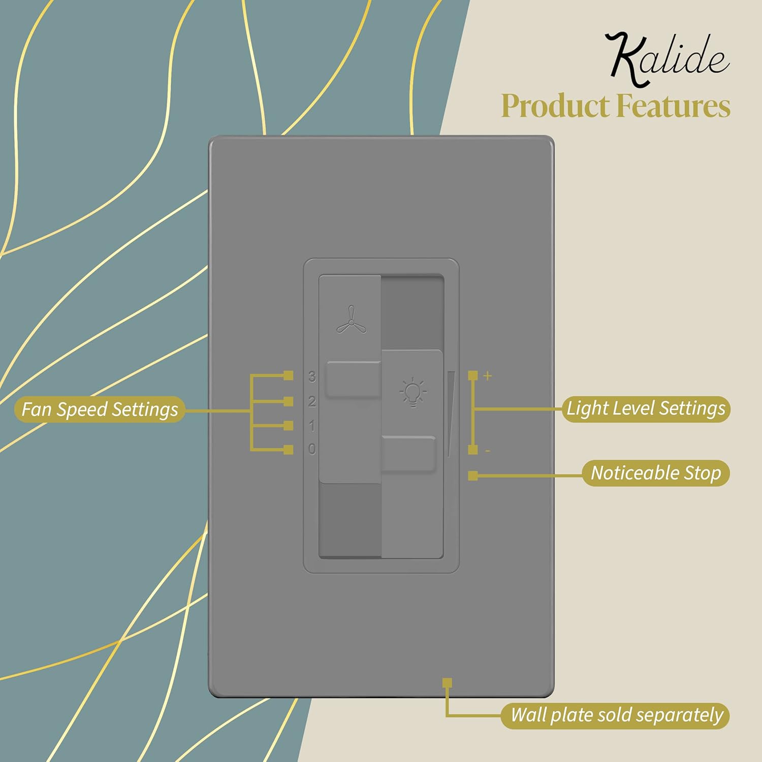 TOPGREENER Kalide Combo Dimmer Switch with 3-Speed Fan Control, Light and Fan Combination Switch, Single Pole, 2.5A, 200W LED/CFL, Neutral Wire Not Required, TGDSFS3-GY, Gray