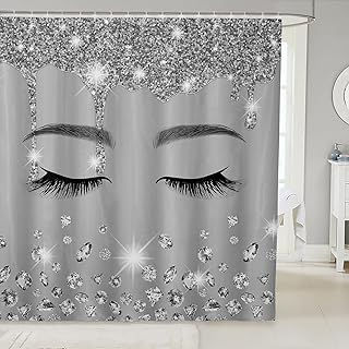 Eyelash Bath Curtain 72"Wx72"L for Girls Women,Grey Giltter Sequins Shower Curtain 3D Diamond Decor Luxurious Bathroom Curtain Silver Princess Style Waterproof Shower Curtain Cloth Fabric