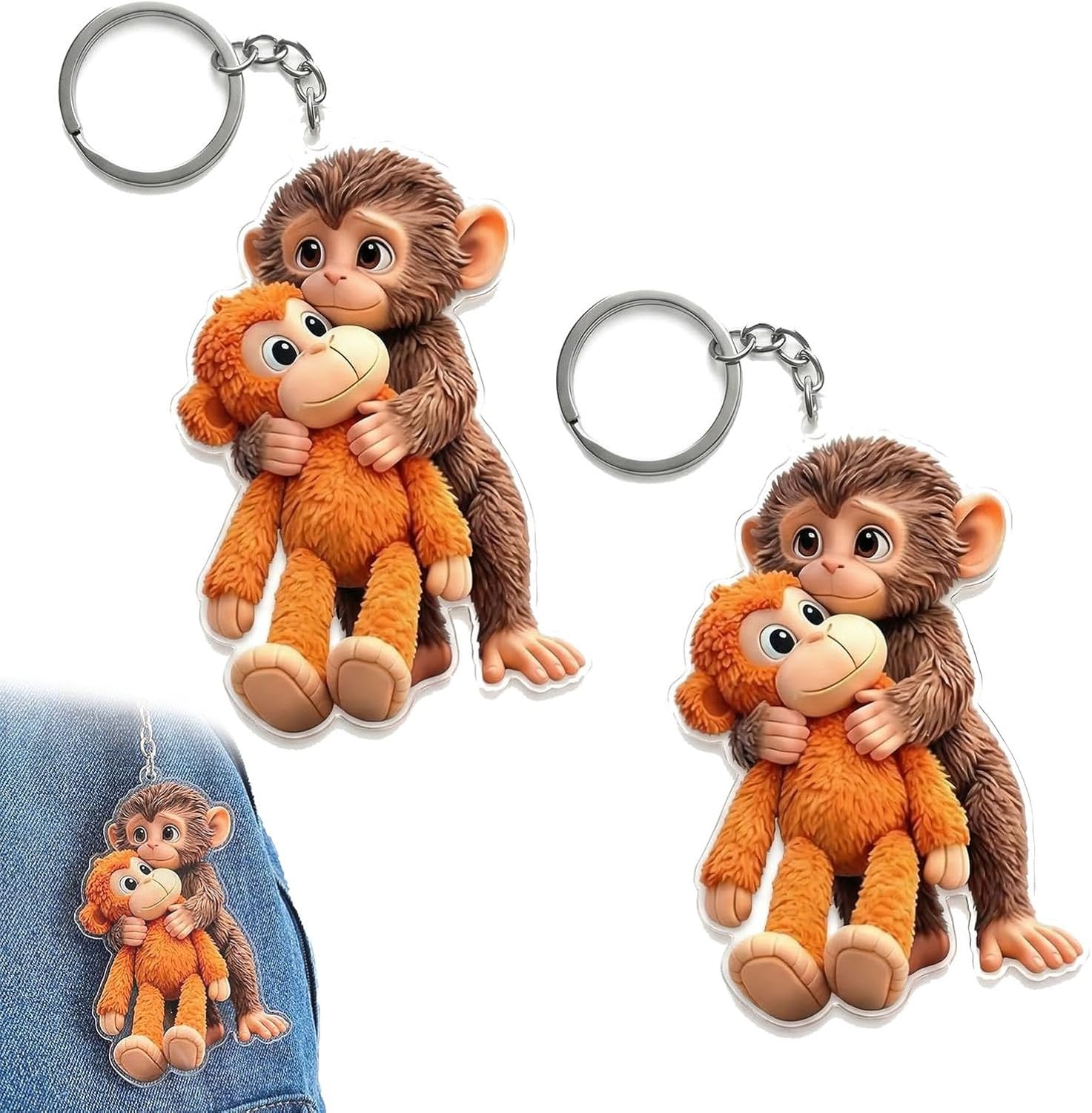 AIEIJJH Protect Punch the Monkey Keychain, 2D Monkeys Hugging Acrylic Keyring, Cute Monkey Keychain for Backpack Car Keys Bag, #B