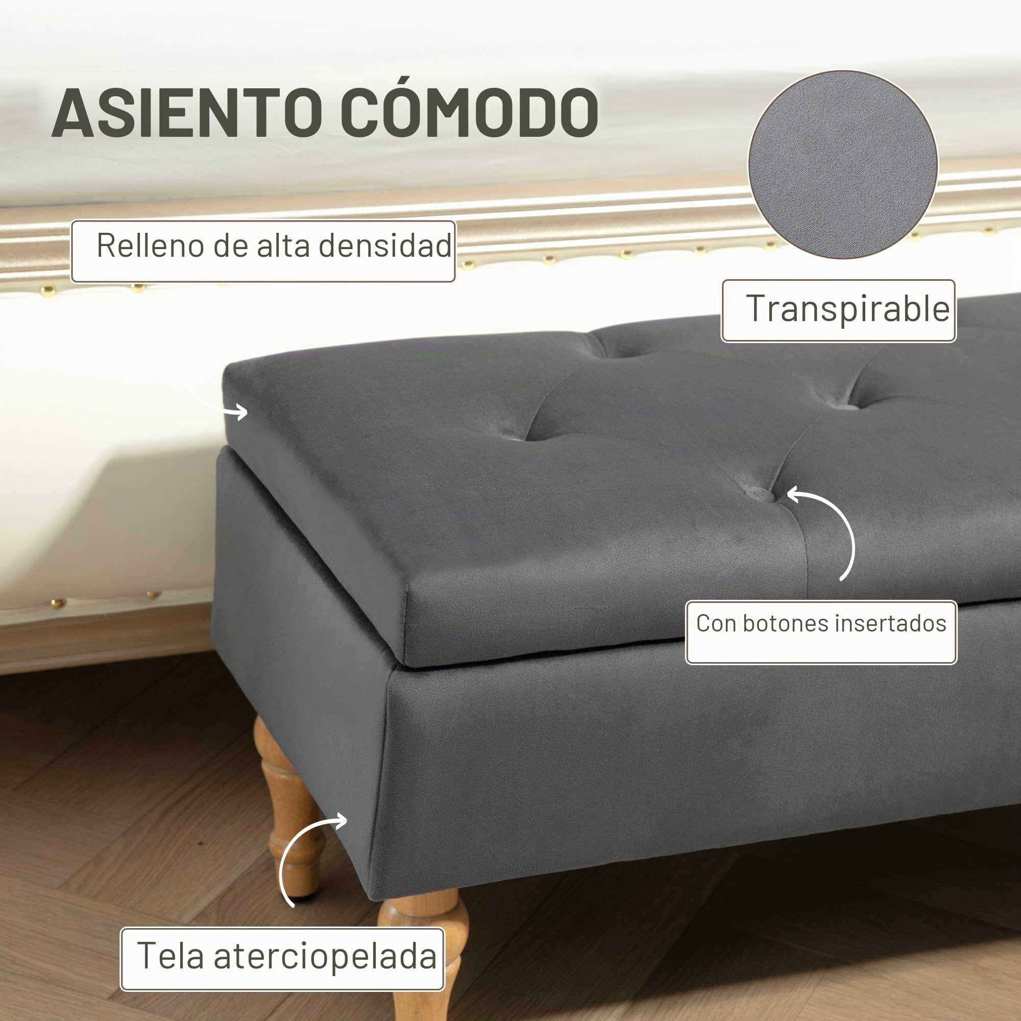 HOMCOM 2-en-1 Banco de Almacenaje de Terciopelo 38L 102x38x41cm Gris | Banquette terciopelo, Banco almacenaje, Estilo medieval, Tapa acolchada con bisagras, Patas madera, Mueble entrada