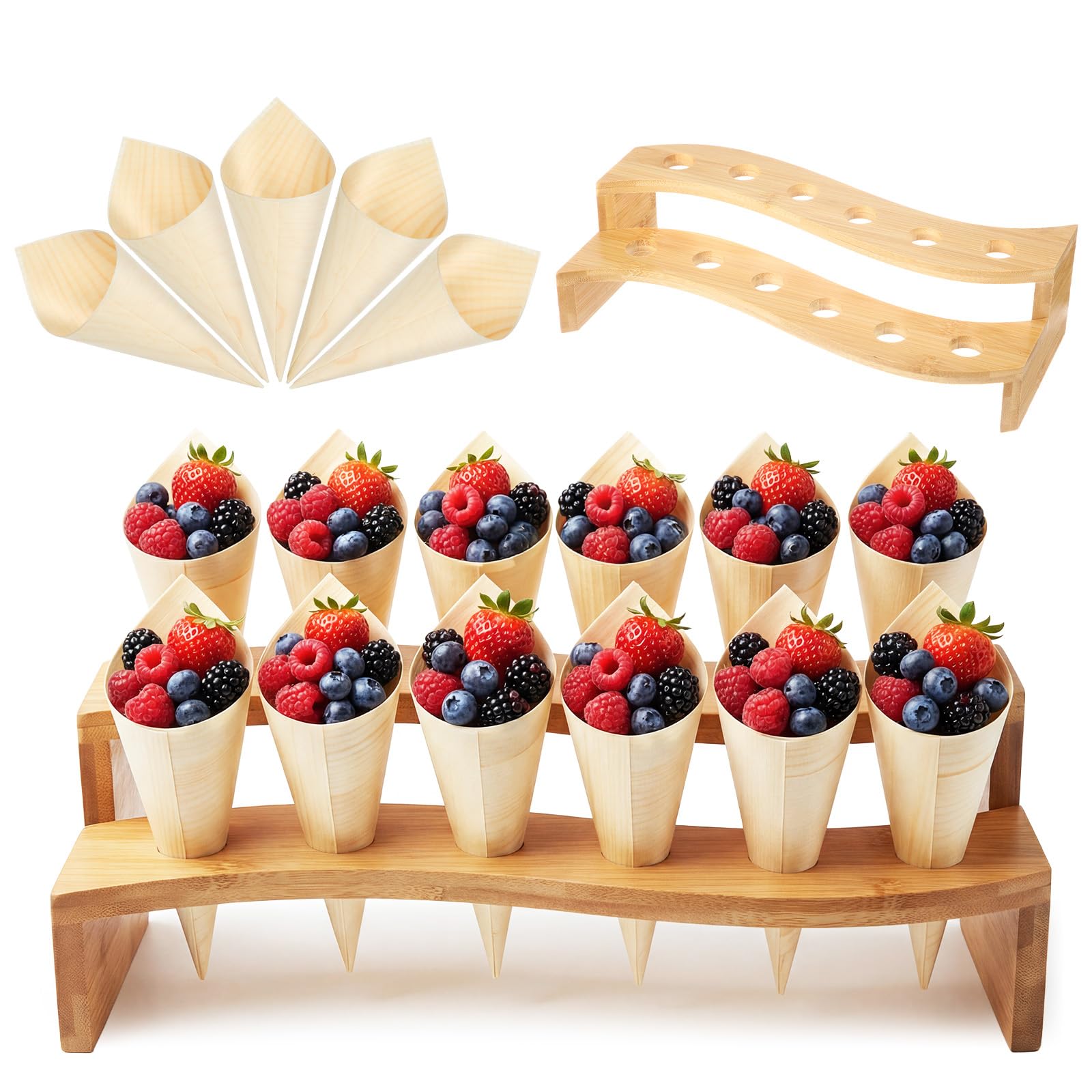 View 1 of 100 Pcs Charcuterie Cone with Food Cone Holder 13 x 5 In, Curved, Bamboo
