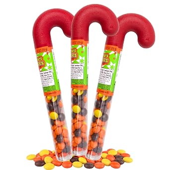 Reeses Pieces Filled Plastic Candy Cane Tubes, Chocolate Peanut Butter Candies, Christmas Stocking Stuffer Gits Pack of 3