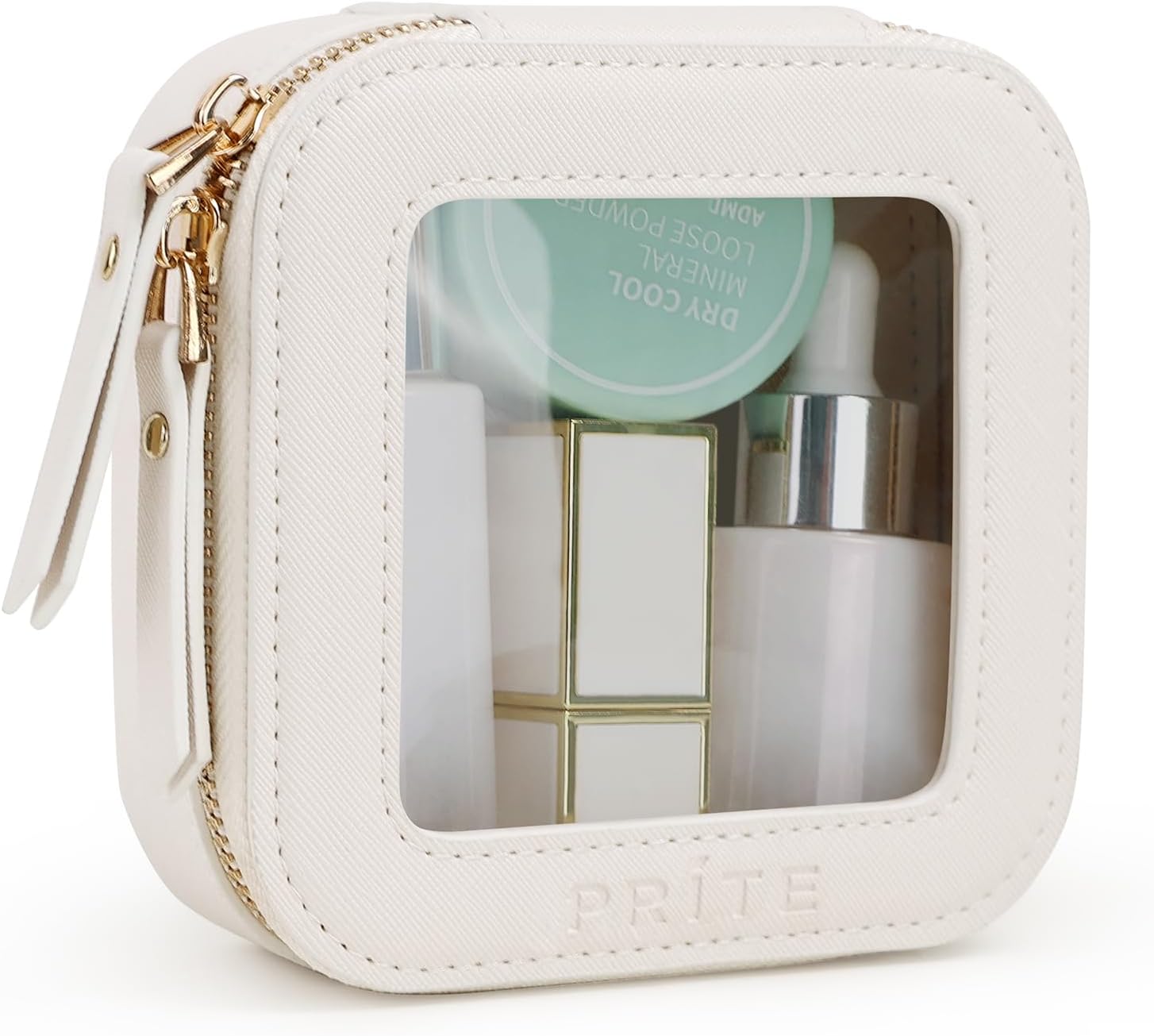 Prite Small Clear Makeup Bag with Gift Box Mini Cosmetic Case Waterproof Travel Toiletry Pouch Car Essentials with Double Zippers (Beige)