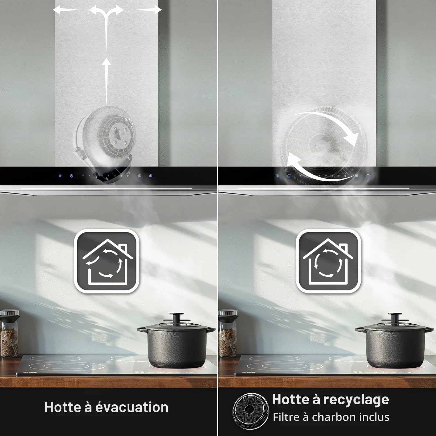 Hotte aspirante cuisine 90 cm | Hotte Murale | acier inoxydable | verre noir | WiFi | arrête automatiquement | Opération tactile | FLAT9006ED