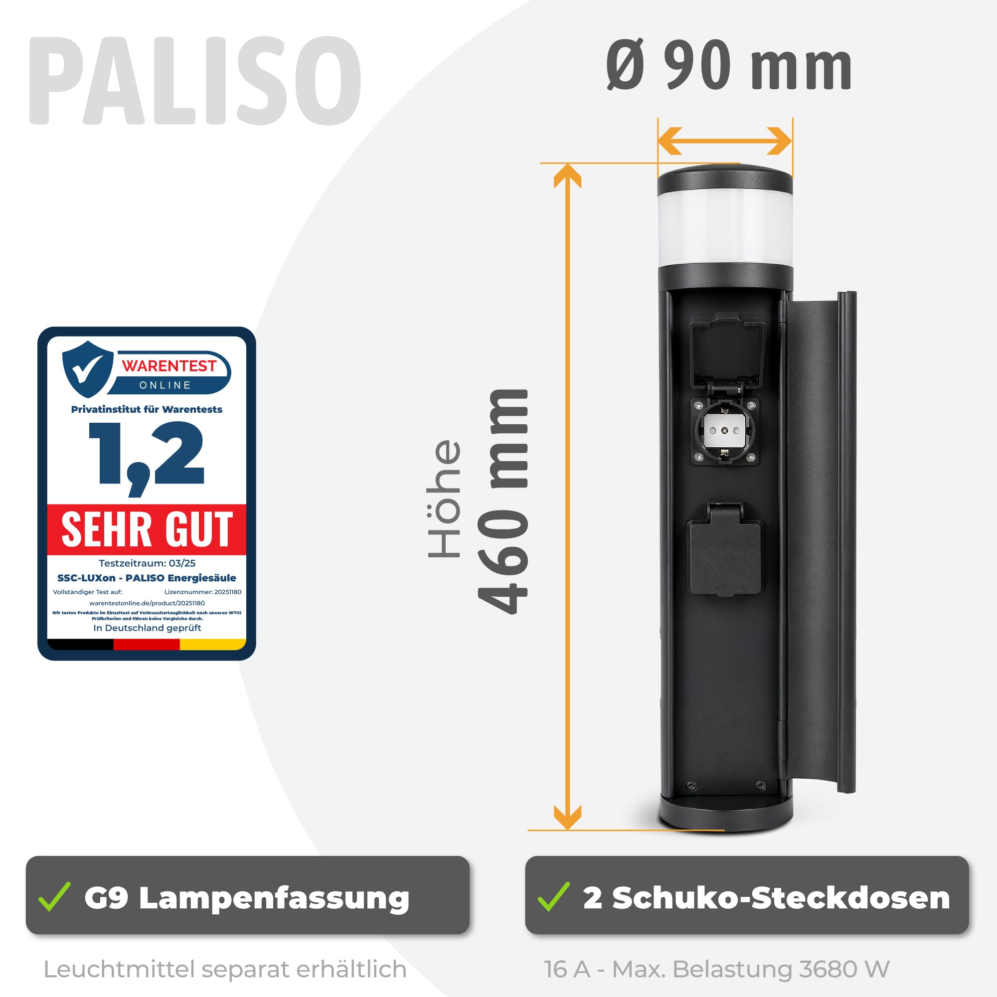 SSC-LUXon PALISO Steckdosensäule mit Licht schwarz IP44 Edelstahl - Außensteckdose mit 2 Steckdosen & G9 Fassung - Pollerleuchte für Garten & Terrasse