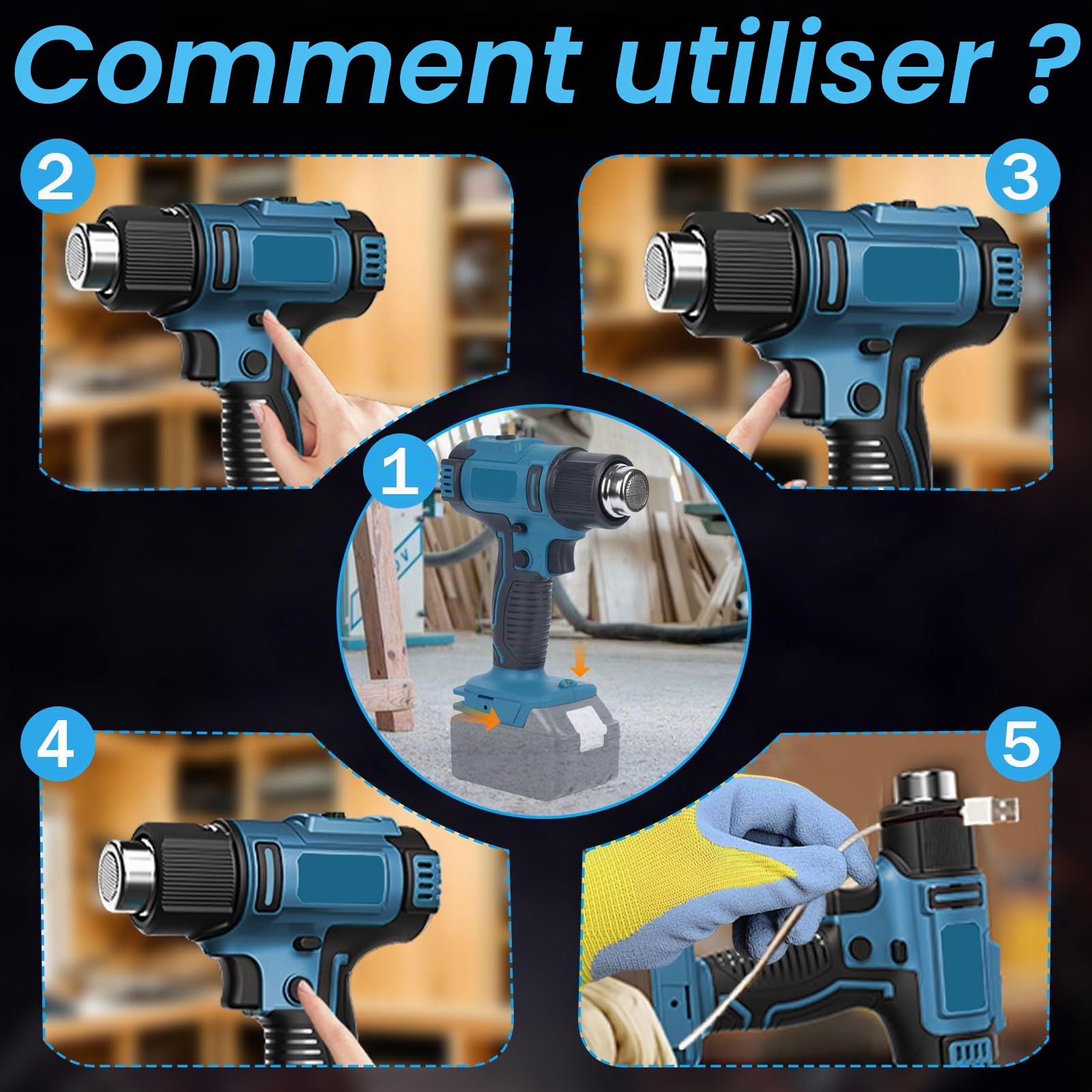 Décapeur Thermique Sans Fil compatible avec Batterie Makita 18V | Pistolet à Air Chaud avec écran LCD Réglable de 50 à 550 °C, avec 5 Buses et 2 Shovels pour Soudure (Sans Batteries)