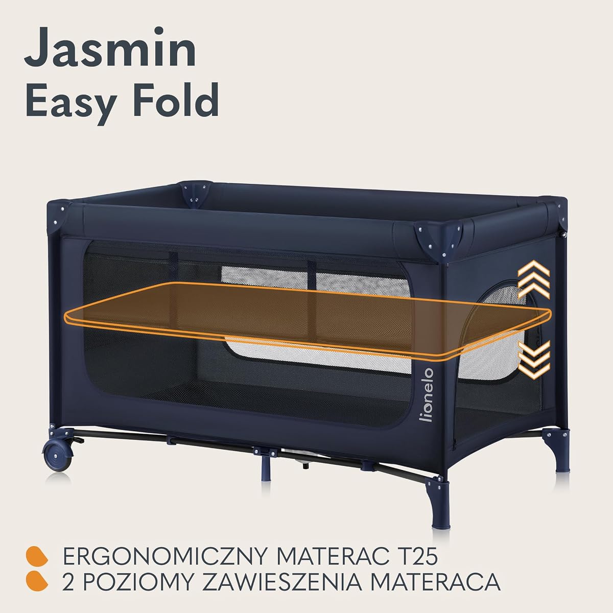 LIONELO Jasmin Easy Fold Łóżeczko Turystyczne Dziecięce do 15 kg od 0 do 36 miesięcy Piankowy Materac T25, 2 Poziomy Wysokości, Szybkie Składanie Easy Fold, Boczne Wejście, Kółka (Niebieski)