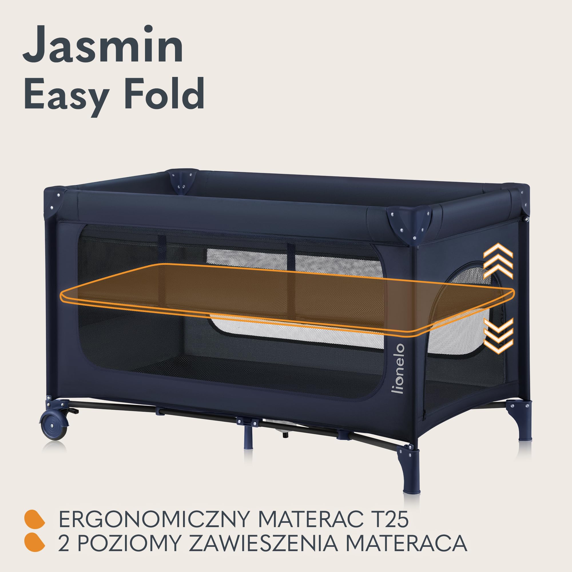 LIONELO Jasmin Easy Fold Łóżeczko Turystyczne Dziecięce do 15 kg od 0 do 36 miesięcy Piankowy Materac T25, 2 Poziomy Wysokości, Szybkie Składanie Easy Fold, Boczne Wejście, Kółka (Niebieski)